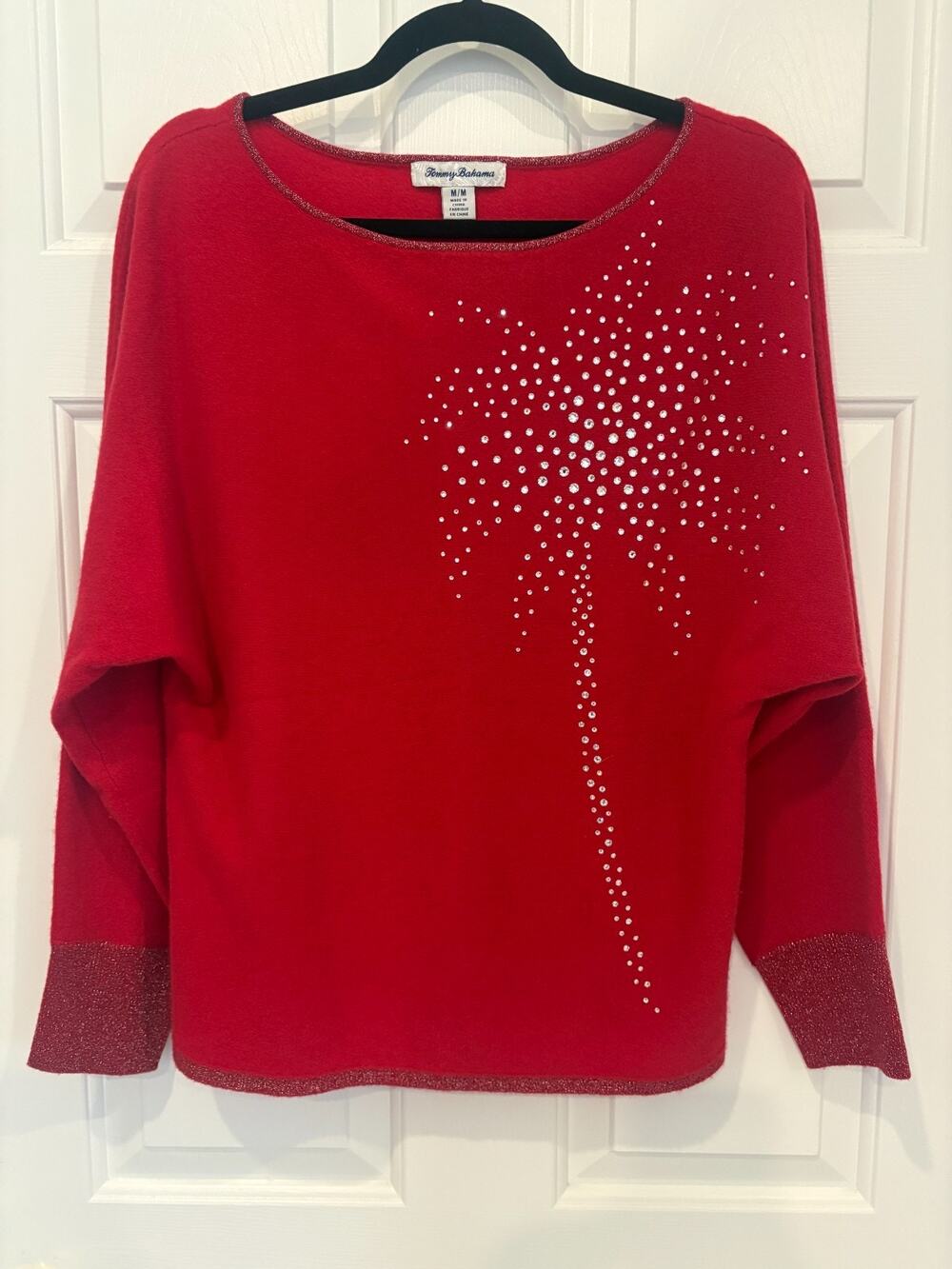 Tommy Bahama Womens Red Wool Cashmere Knit Sweater Rhinestone Palm Tree M 8-12